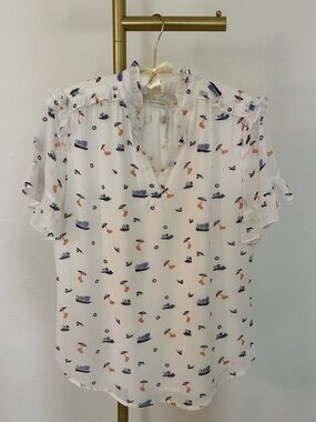 Ellison White Blouse with Multicolor Boat and Umbrella Print